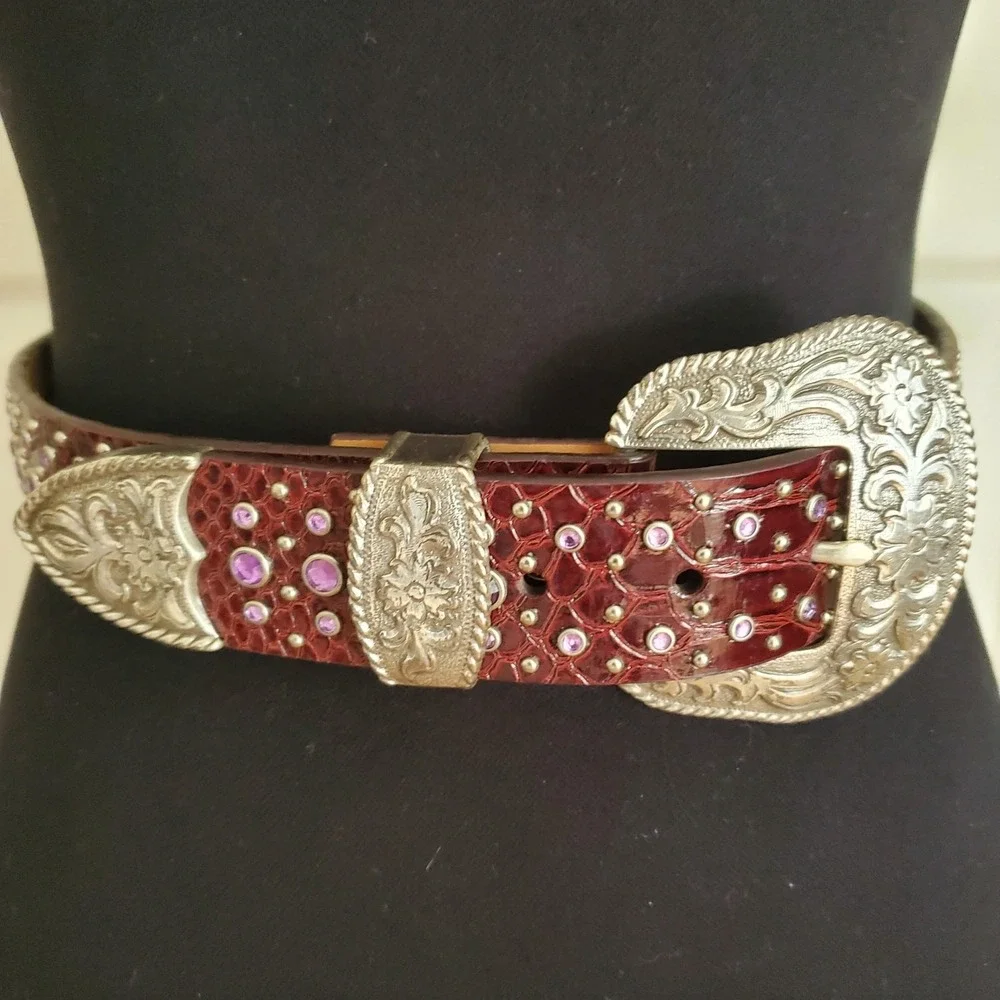 Ariat Burgundy Leather Belt 32 Lavender Crystal Reptile Print Silver Tone Buckle